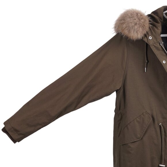 URBAN RESEARCH Rosso Women Jacket M/L Green Hooded Raccoon Fur Trim Anorak Parka - Picture 5 of 14